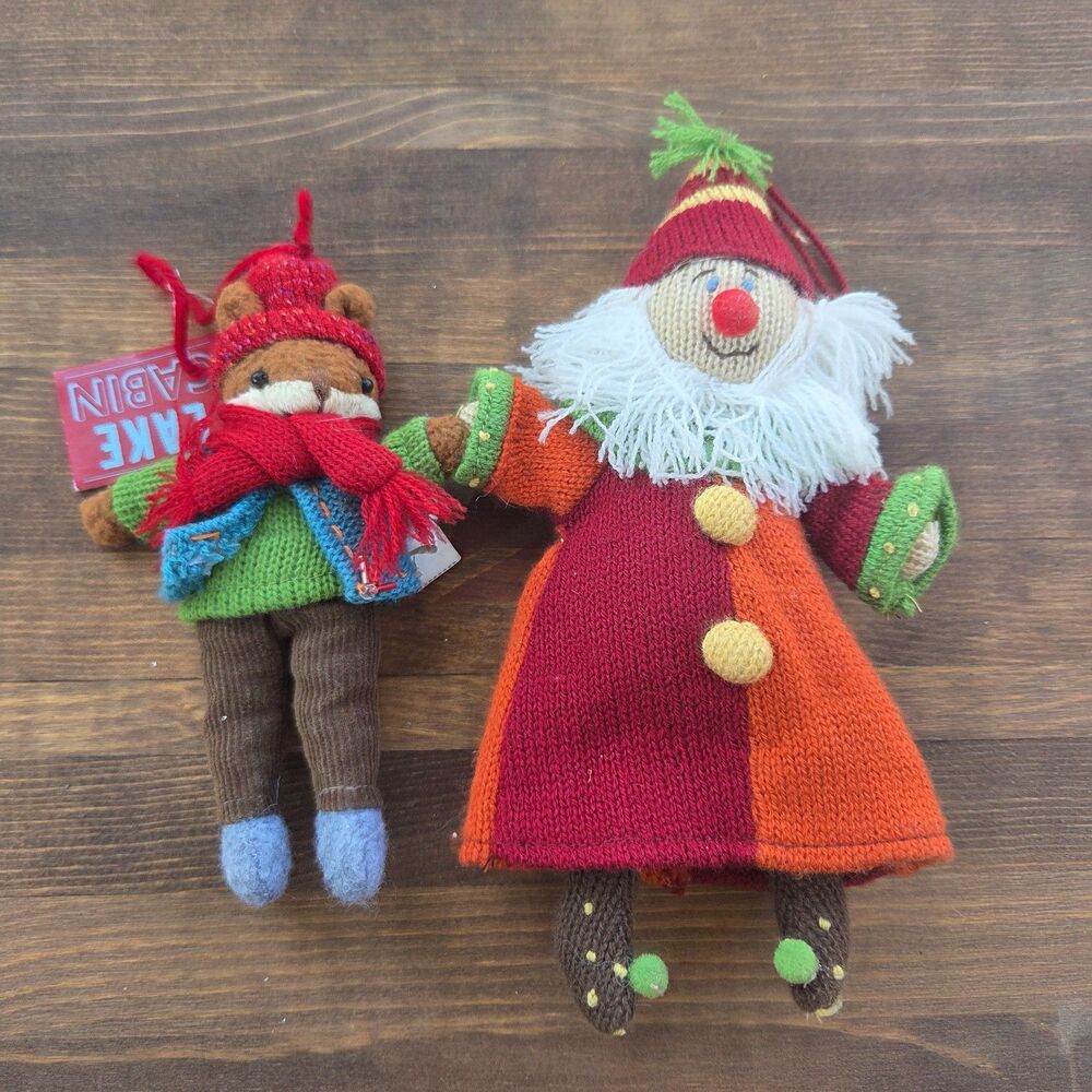 Lake Cabin Knit Mouse & Santa Clown Ornament Set Rustic Christmas Plush